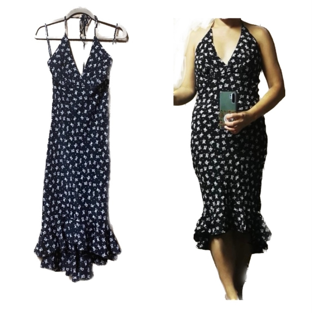 Rampage Black & White Floral Midi Ruffle Halter Dress - Size 5